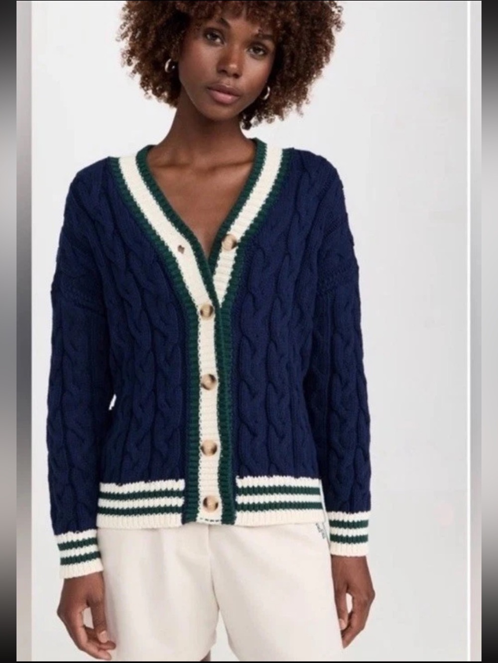 En Saison Navy Cable Knit Cardigan Sweater Women's Small Green Cream Trim
